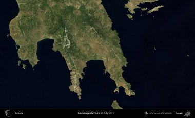 Laconia Bölgesi. Temmuz 2022 'de çekilen Global Mozaik Sentinel-2 karolarından oluşan uydu görüntüsü üzerine Yunanistan' ın idari bölgesi