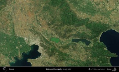 Lagkadas Belediyesi. Temmuz 2022 'de çekilen Global Mozaik Sentinel-2 karolarından oluşan uydu görüntüsü üzerine Yunanistan' ın idari bölgesi