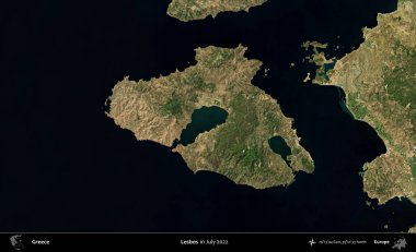 Lezbiyenler. Temmuz 2022 'de çekilen Global Mozaik Sentinel-2 karolarından oluşan uydu görüntüsü üzerine Yunanistan' ın idari bölgesi