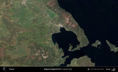 Magnezya Bölgesel Birimi. Yunanistan 'ın idari bölgesi, Ocak 2023' te çekilen Global Mozaik Sentinel-2 karolarından oluşan bir uydu görüntüsü üzerine kurulmuştur.