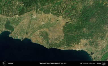 Maroneia-Sapes Belediyesi. Temmuz 2022 'de çekilen Global Mozaik Sentinel-2 karolarından oluşan uydu görüntüsü üzerine Yunanistan' ın idari bölgesi
