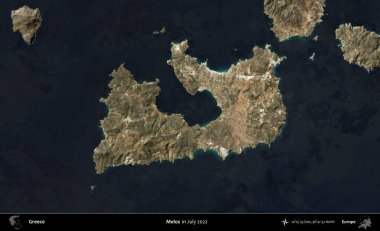 Melodiler. Temmuz 2022 'de çekilen Global Mozaik Sentinel-2 karolarından oluşan uydu görüntüsü üzerine Yunanistan' ın idari bölgesi