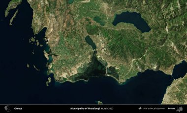 Mesolongi Belediyesi. Temmuz 2022 'de çekilen Global Mozaik Sentinel-2 karolarından oluşan uydu görüntüsü üzerine Yunanistan' ın idari bölgesi