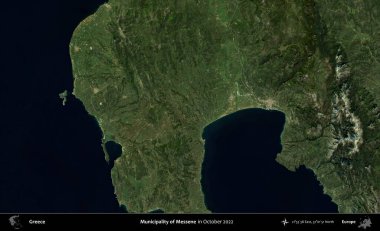 Messene Belediyesi. Ekim 2022 'de çekilen Global Mozaik Sentinel-2 karolarından oluşan bir uydu görüntüsü üzerine Yunanistan' ın idari alanı