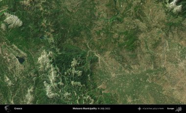 Meteora Belediyesi. Temmuz 2022 'de çekilen Global Mozaik Sentinel-2 karolarından oluşan uydu görüntüsü üzerine Yunanistan' ın idari bölgesi