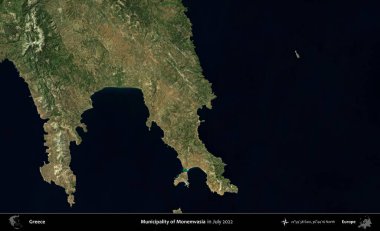 Monemvasia Belediyesi. Temmuz 2022 'de çekilen Global Mozaik Sentinel-2 karolarından oluşan uydu görüntüsü üzerine Yunanistan' ın idari bölgesi