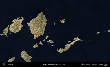Naxos Bölgesel Birimi. Temmuz 2022 'de çekilen Global Mozaik Sentinel-2 karolarından oluşan uydu görüntüsü üzerine Yunanistan' ın idari bölgesi