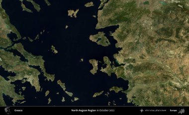 Kuzey Ege Bölgesi. Ekim 2022 'de çekilen Global Mozaik Sentinel-2 karolarından oluşan bir uydu görüntüsü üzerine Yunanistan' ın idari alanı