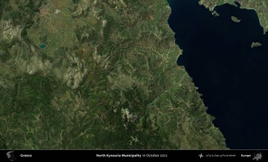 Kuzey Kynouria Belediyesi. Ekim 2022 'de çekilen Global Mozaik Sentinel-2 karolarından oluşan bir uydu görüntüsü üzerine Yunanistan' ın idari alanı