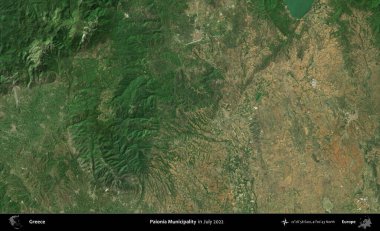 Paionia Belediyesi. Temmuz 2022 'de çekilen Global Mozaik Sentinel-2 karolarından oluşan uydu görüntüsü üzerine Yunanistan' ın idari bölgesi