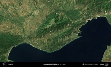 Pangaio Belediyesi. Temmuz 2022 'de çekilen Global Mozaik Sentinel-2 karolarından oluşan uydu görüntüsü üzerine Yunanistan' ın idari bölgesi