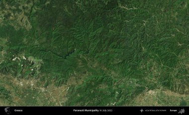 Paranesti Belediyesi. Temmuz 2022 'de çekilen Global Mozaik Sentinel-2 karolarından oluşan uydu görüntüsü üzerine Yunanistan' ın idari bölgesi