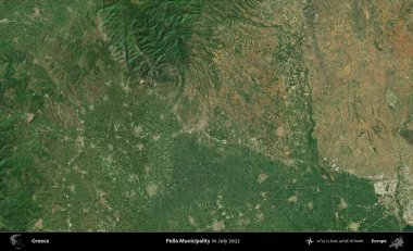Pella Belediyesi. Temmuz 2022 'de çekilen Global Mozaik Sentinel-2 karolarından oluşan uydu görüntüsü üzerine Yunanistan' ın idari bölgesi