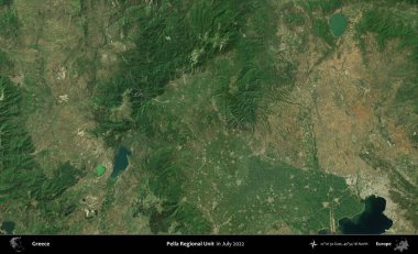 Pella Bölgesel Birimi. Temmuz 2022 'de çekilen Global Mozaik Sentinel-2 karolarından oluşan uydu görüntüsü üzerine Yunanistan' ın idari bölgesi