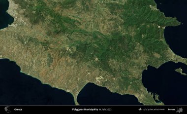 Poligyros Belediyesi. Temmuz 2022 'de çekilen Global Mozaik Sentinel-2 karolarından oluşan uydu görüntüsü üzerine Yunanistan' ın idari bölgesi