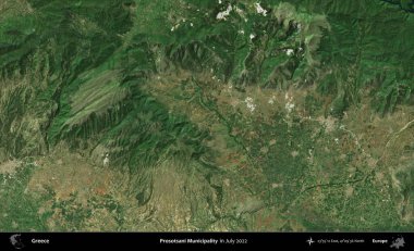Prosotsani Belediyesi. Temmuz 2022 'de çekilen Global Mozaik Sentinel-2 karolarından oluşan uydu görüntüsü üzerine Yunanistan' ın idari bölgesi