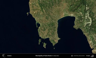 Pylos-Nestor Belediyesi. Temmuz 2022 'de çekilen Global Mozaik Sentinel-2 karolarından oluşan uydu görüntüsü üzerine Yunanistan' ın idari bölgesi