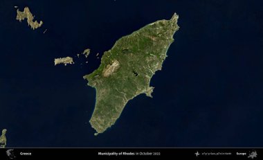 Rodos Belediyesi. Ekim 2022 'de çekilen Global Mozaik Sentinel-2 karolarından oluşan bir uydu görüntüsü üzerine Yunanistan' ın idari alanı