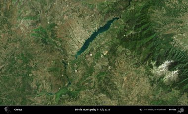 Servia Belediyesi. Temmuz 2022 'de çekilen Global Mozaik Sentinel-2 karolarından oluşan uydu görüntüsü üzerine Yunanistan' ın idari bölgesi
