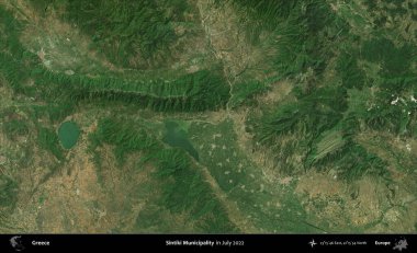 Sintiki Belediyesi. Temmuz 2022 'de çekilen Global Mozaik Sentinel-2 karolarından oluşan uydu görüntüsü üzerine Yunanistan' ın idari bölgesi