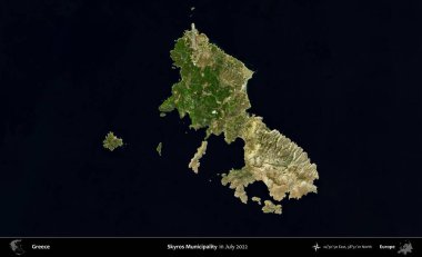 Skyros Belediyesi. Temmuz 2022 'de çekilen Global Mozaik Sentinel-2 karolarından oluşan uydu görüntüsü üzerine Yunanistan' ın idari bölgesi
