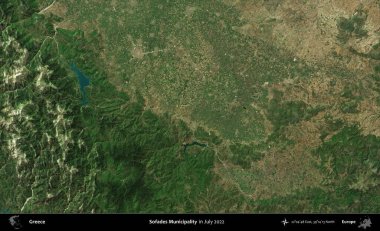 Sofades Belediyesi. Temmuz 2022 'de çekilen Global Mozaik Sentinel-2 karolarından oluşan uydu görüntüsü üzerine Yunanistan' ın idari bölgesi