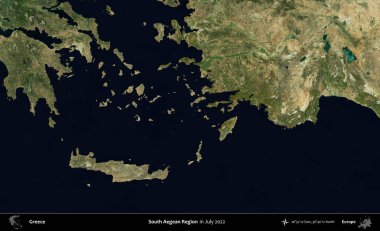 Güney Ege Bölgesi. Temmuz 2022 'de çekilen Global Mozaik Sentinel-2 karolarından oluşan uydu görüntüsü üzerine Yunanistan' ın idari bölgesi