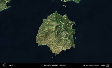Thasos Bölgesel Birimi. Temmuz 2022 'de çekilen Global Mozaik Sentinel-2 karolarından oluşan uydu görüntüsü üzerine Yunanistan' ın idari bölgesi