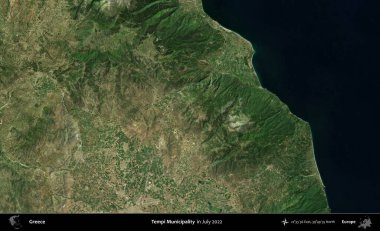 Tempi Belediyesi. Temmuz 2022 'de çekilen Global Mozaik Sentinel-2 karolarından oluşan uydu görüntüsü üzerine Yunanistan' ın idari bölgesi