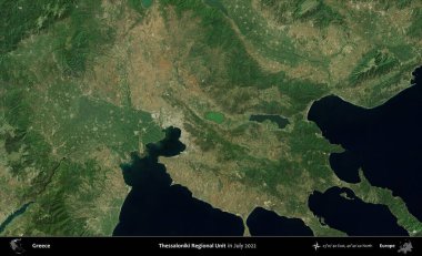 Selanik Bölgesel Birimi. Temmuz 2022 'de çekilen Global Mozaik Sentinel-2 karolarından oluşan uydu görüntüsü üzerine Yunanistan' ın idari bölgesi