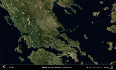 Teselya ve Orta Yunanistan. Ekim 2022 'de çekilen Global Mozaik Sentinel-2 karolarından oluşan bir uydu görüntüsü üzerine Yunanistan' ın idari alanı