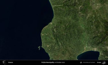 Trifylia Belediyesi. Ekim 2022 'de çekilen Global Mozaik Sentinel-2 karolarından oluşan bir uydu görüntüsü üzerine Yunanistan' ın idari alanı
