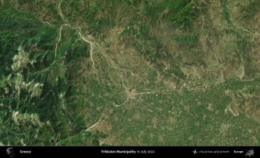 Trikkaion Belediyesi. Temmuz 2022 'de çekilen Global Mozaik Sentinel-2 karolarından oluşan uydu görüntüsü üzerine Yunanistan' ın idari bölgesi