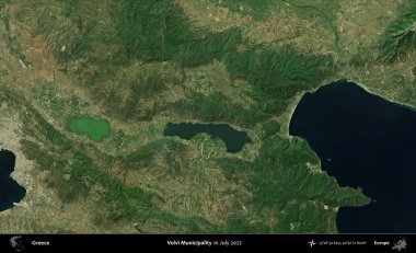 Volvi Belediyesi. Temmuz 2022 'de çekilen Global Mozaik Sentinel-2 karolarından oluşan uydu görüntüsü üzerine Yunanistan' ın idari bölgesi