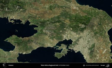 Batı Attica Bölgesel Birimi. Ekim 2022 'de çekilen Global Mozaik Sentinel-2 karolarından oluşan bir uydu görüntüsü üzerine Yunanistan' ın idari alanı