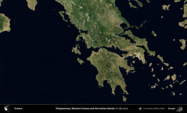 Mora, Batı Yunanistan ve İyon Adaları. Temmuz 2022 'de çekilen Global Mozaik Sentinel-2 karolarından oluşan uydu görüntüsü üzerine Yunanistan' ın idari bölgesi