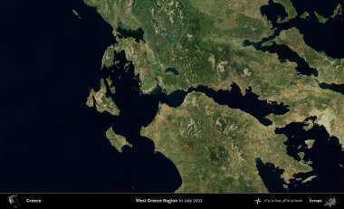 Batı Yunanistan Bölgesi. Temmuz 2022 'de çekilen Global Mozaik Sentinel-2 karolarından oluşan uydu görüntüsü üzerine Yunanistan' ın idari bölgesi