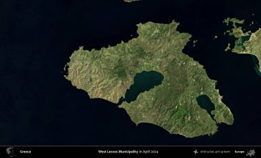 Batı Lesvos Belediyesi. Nisan 2024 'te çekilen Global Mozaik Sentinel-2 karolarından oluşan bir uydu görüntüsü üzerine Yunanistan' ın idari alanı