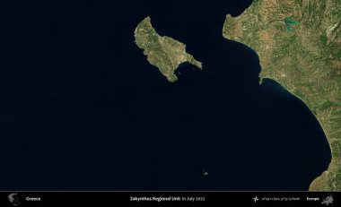 Zakynthos Bölgesel Birimi. Temmuz 2022 'de çekilen Global Mozaik Sentinel-2 karolarından oluşan uydu görüntüsü üzerine Yunanistan' ın idari bölgesi