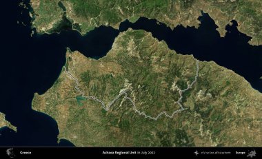Achaea Bölgesel Birimi. Yunanistan 'ın idari alanı, Temmuz 2022' de çekilen Global Mozaik Sentinel-2 karolarından oluşan bir uydu görüntüsüyle özetlendi