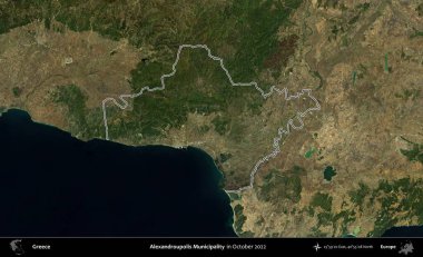 Dedeağaç Belediyesi. Yunanistan 'ın idari alanı, Ekim 2022' de çekilen Global Mozaik Sentinel-2 karolarından oluşan bir uydu görüntüsünde özetlendi