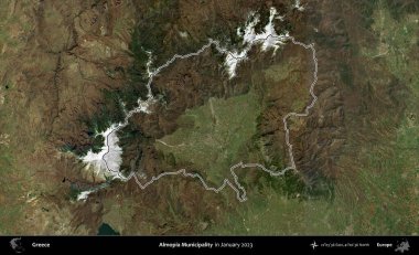 Almopia Belediyesi. Yunanistan 'ın idari alanı, Ocak 2023' te çekilen Global Mozaik Sentinel-2 karolarından oluşan bir uydu görüntüsünde özetlendi