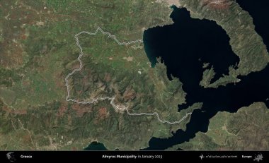 Almyros Belediyesi. Yunanistan 'ın idari alanı, Ocak 2023' te çekilen Global Mozaik Sentinel-2 karolarından oluşan bir uydu görüntüsünde özetlendi