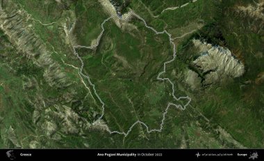 Ano Pogoni Belediyesi. Yunanistan 'ın idari alanı, Ekim 2022' de çekilen Global Mozaik Sentinel-2 karolarından oluşan bir uydu görüntüsünde özetlendi