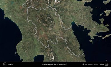 Arcadia Bölgesel Birimi. Yunanistan 'ın idari alanı, Ocak 2023' te çekilen Global Mozaik Sentinel-2 karolarından oluşan bir uydu görüntüsünde özetlendi