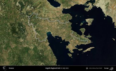 Argolis Bölgesel Birimi. Yunanistan 'ın idari alanı, Temmuz 2022' de çekilen Global Mozaik Sentinel-2 karolarından oluşan bir uydu görüntüsüyle özetlendi