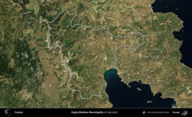 Argos-Mykines Belediyesi. Yunanistan 'ın idari alanı, Temmuz 2022' de çekilen Global Mozaik Sentinel-2 karolarından oluşan bir uydu görüntüsüyle özetlendi