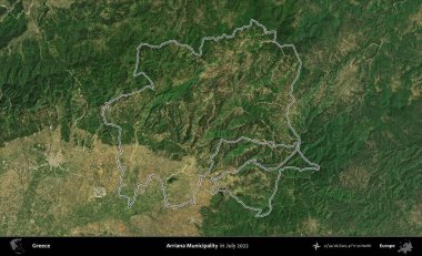 Arriana Belediyesi. Yunanistan 'ın idari alanı, Temmuz 2022' de çekilen Global Mozaik Sentinel-2 karolarından oluşan bir uydu görüntüsüyle özetlendi
