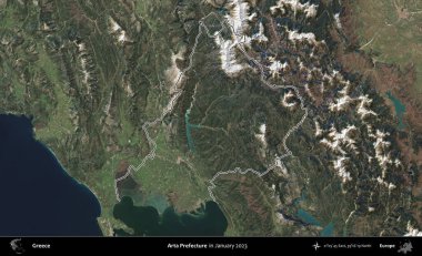 Arta Bölgesi. Yunanistan 'ın idari alanı, Ocak 2023' te çekilen Global Mozaik Sentinel-2 karolarından oluşan bir uydu görüntüsünde özetlendi