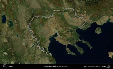 Orta Makedonya. Yunanistan 'ın idari alanı, Ekim 2022' de çekilen Global Mozaik Sentinel-2 karolarından oluşan bir uydu görüntüsünde özetlendi